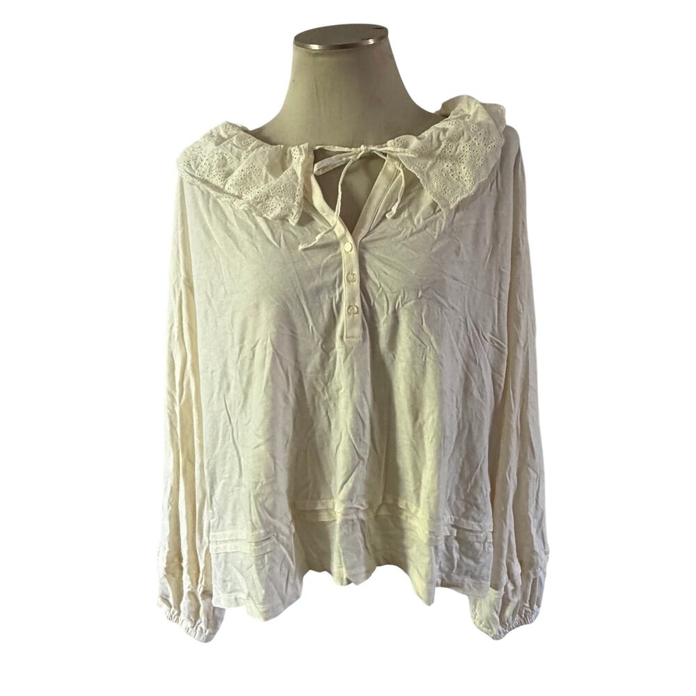 Lauren Ralph Lauren Cream Eyelet Peter Pan Collar Tie Blouse Plus XXL Boho Twee